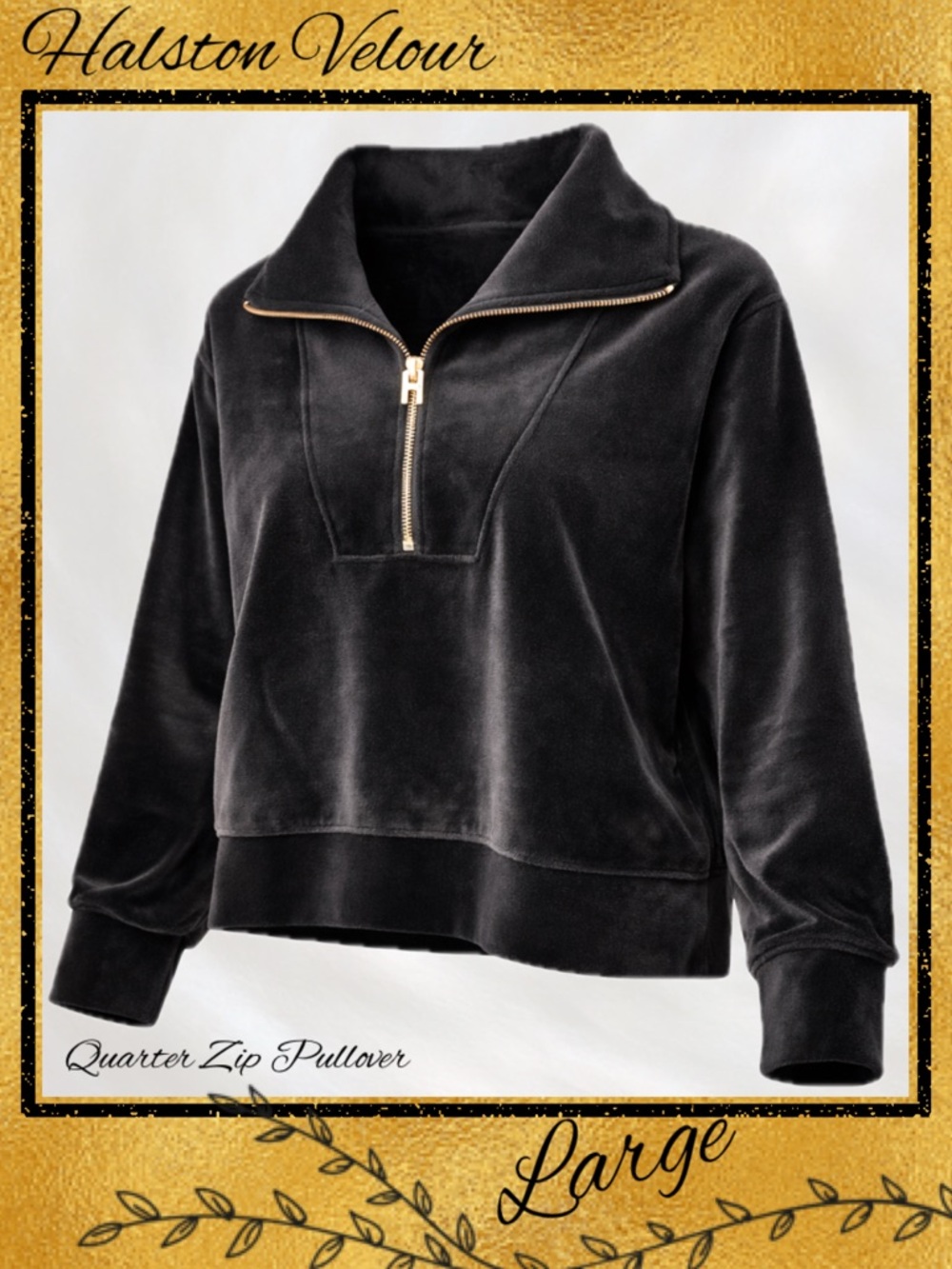 NWT Velvet Halston Velour Quarter Zip Pullover Large | Black Luxe Lounge Sweater